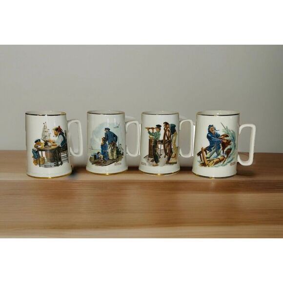 Vintage Set Of 4 Norman Rockwell Museum Tankard Mugs Seafarers Collection - Picture 1 of 10